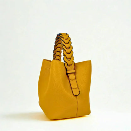 Borsa a Secchiello Giallo Senape con Manico Intrecciato - borsa secchiello pelle