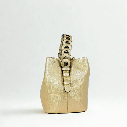 Borsa a Secchiello Giallo Senape con Manico Intrecciato - borsa secchiello pelle