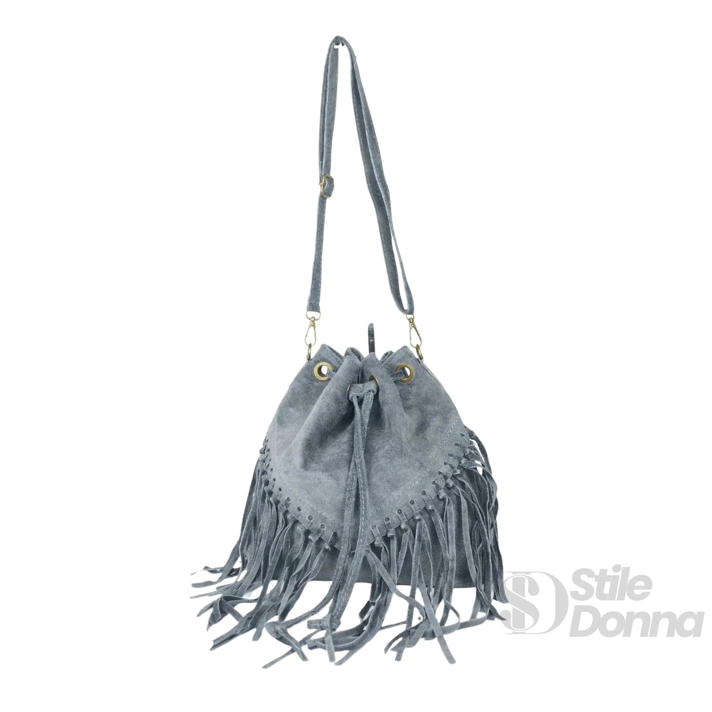 Borsa a Secchiello in Camoscio con Frange - borsa secchiello camoscio