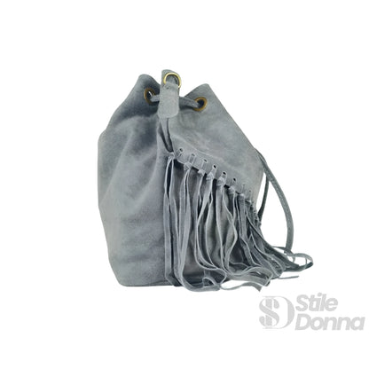 Borsa a Secchiello in Camoscio con Frange - borsa secchiello suede