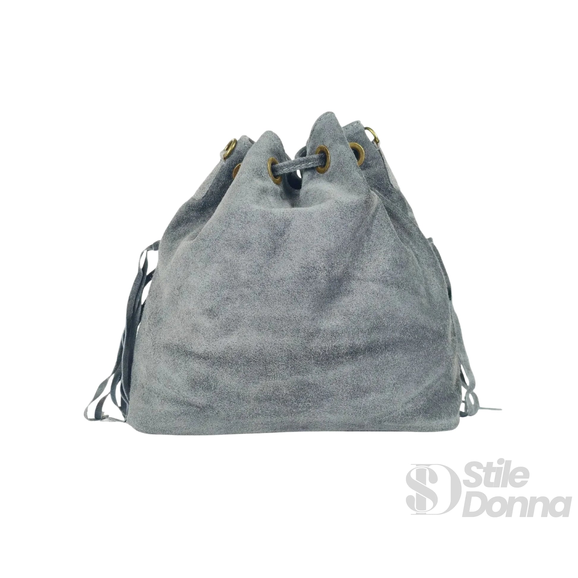 Borsa a Secchiello in Camoscio con Frange - zaino suede grigio