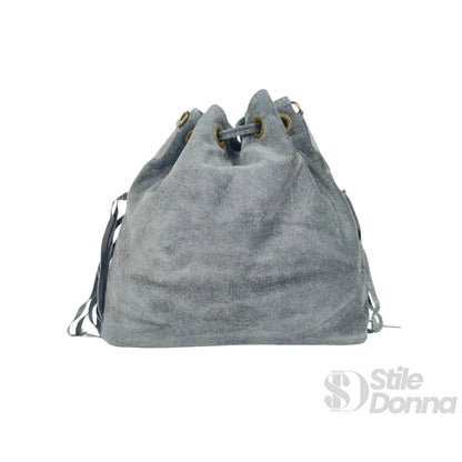 Borsa a Secchiello in Camoscio con Frange - zaino suede grigio