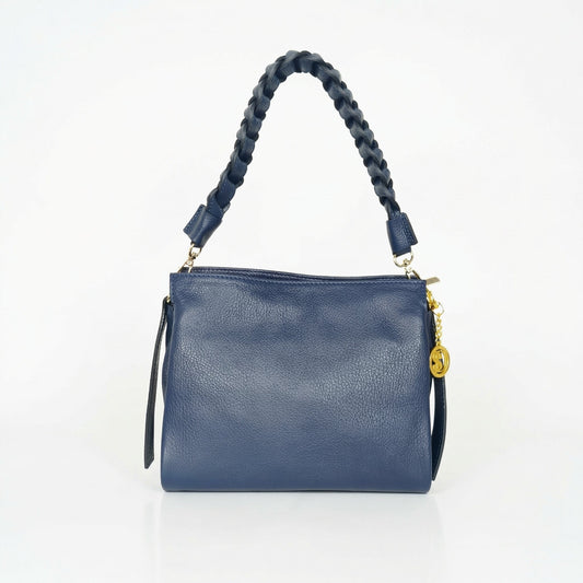 Navy blue leather amora classico handbag with braided handle and gold-tone hardware in pelle blu classico handbag