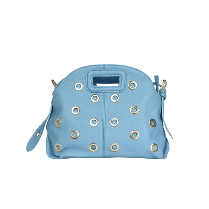 Borsa a spalla con occhielli circolari oro - borsa pelle azzurra