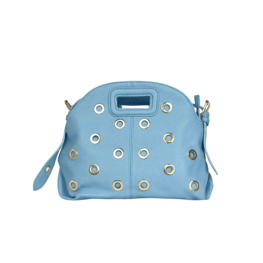Borsa a spalla con occhielli circolari oro - borsa pelle azzurra