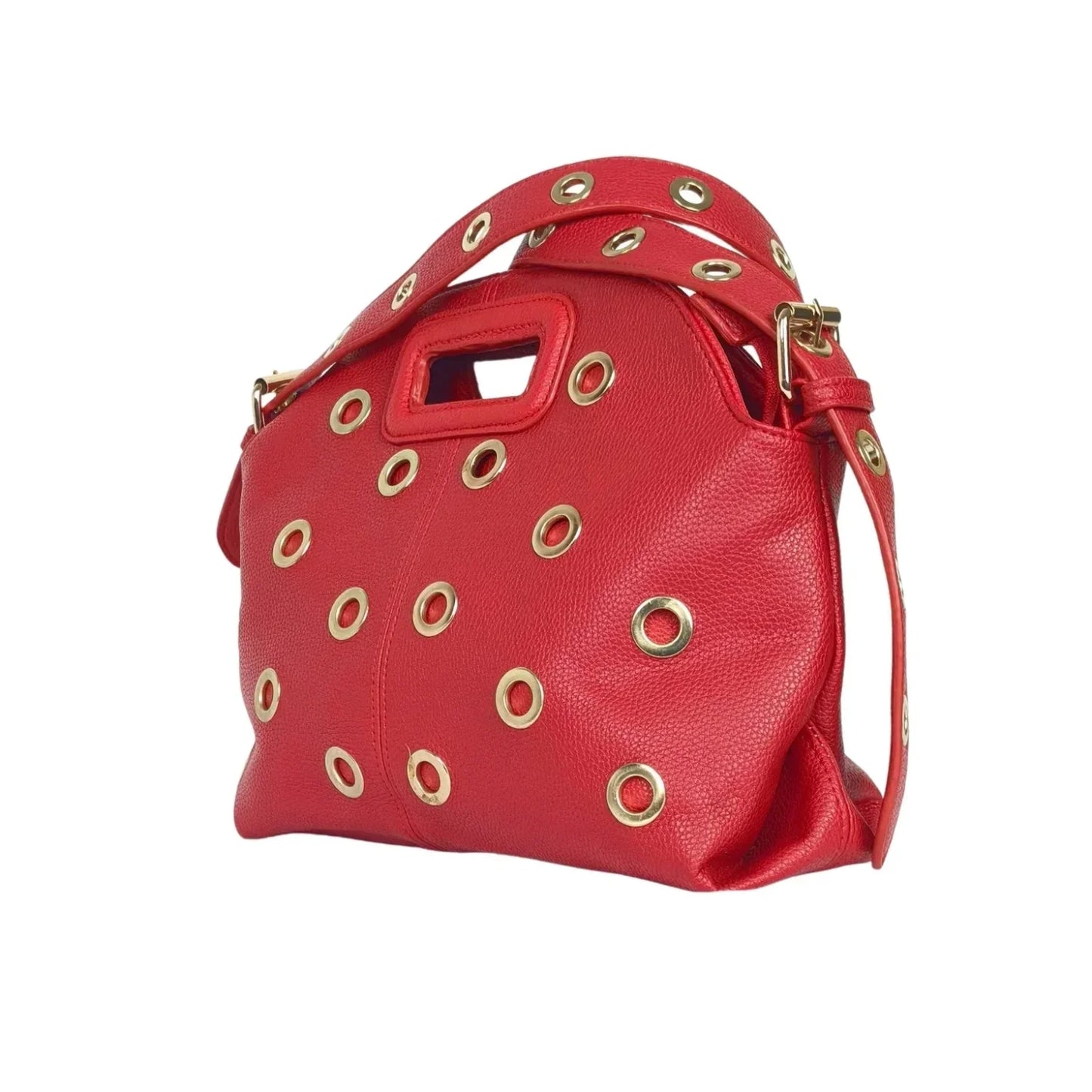 Borsa a spalla con occhielli circolari oro - borsa pelle rossa