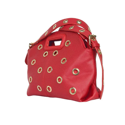 Borsa a spalla con occhielli circolari oro - borsa pelle rossa