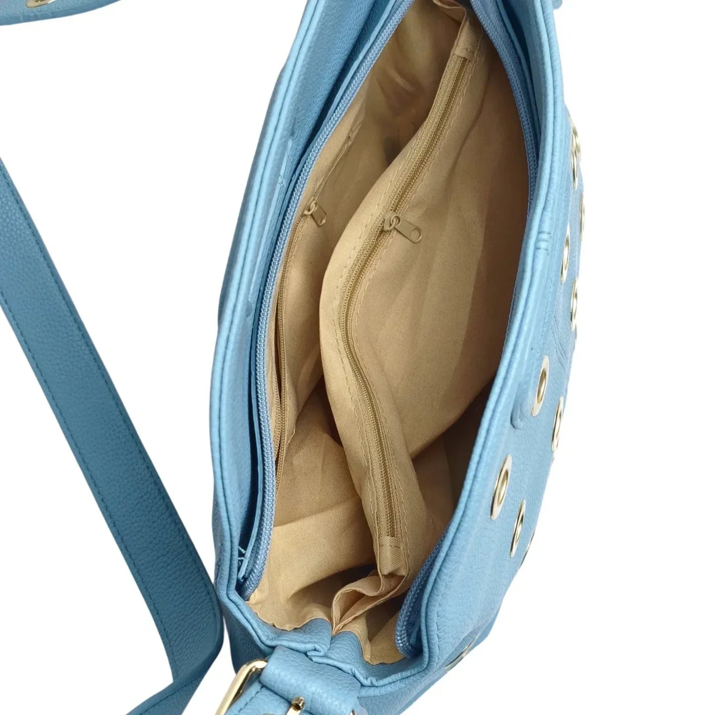 Borsa a spalla con occhielli circolari oro - borsa tracolla finta