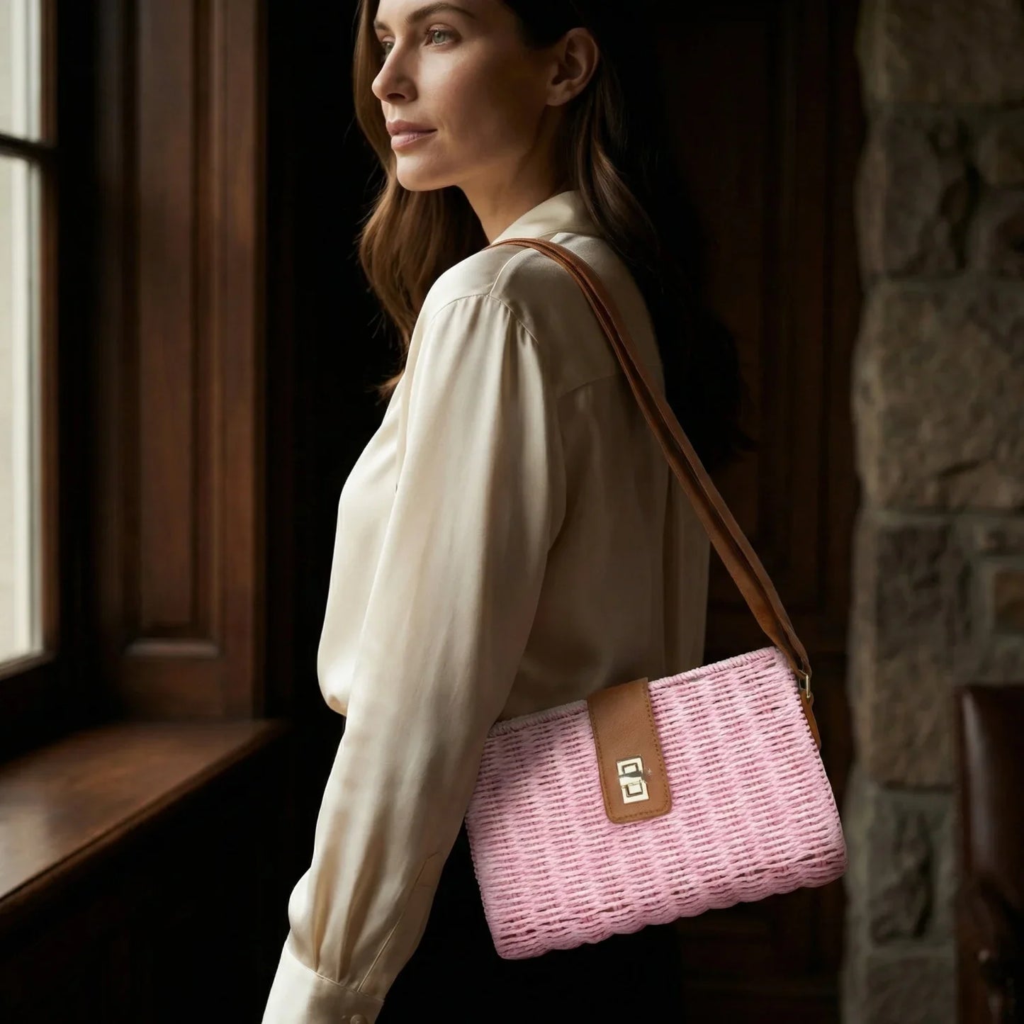 Borsa a spalla da donna intrecciata mano - borsa rosa