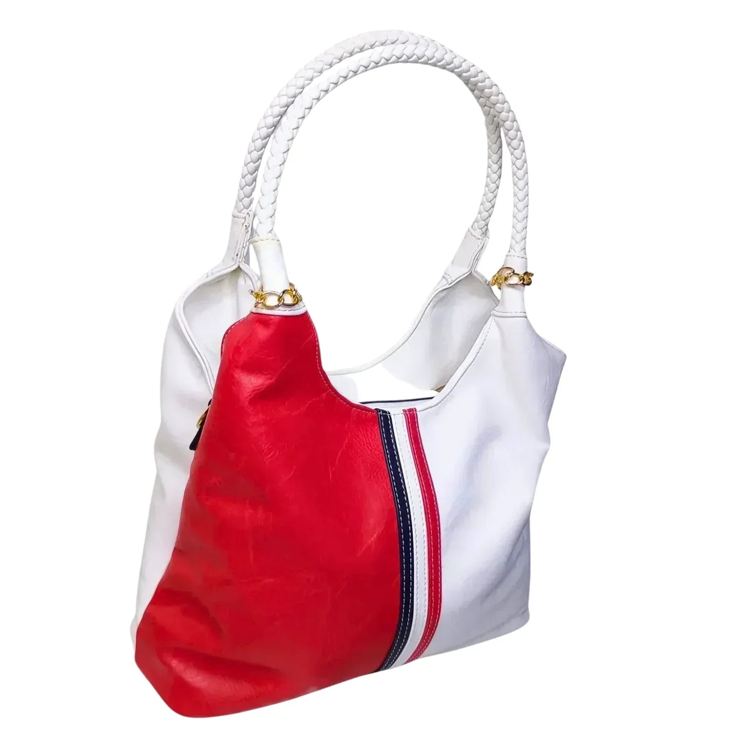 Borsa a spalla in pelle tricolore con manici intrecciati - borsa elegante rosso