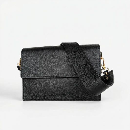 Borsa a tracolla donna luxe crossbody in vera pelle nera con pelle martellata e dettagli in metallo tono oro