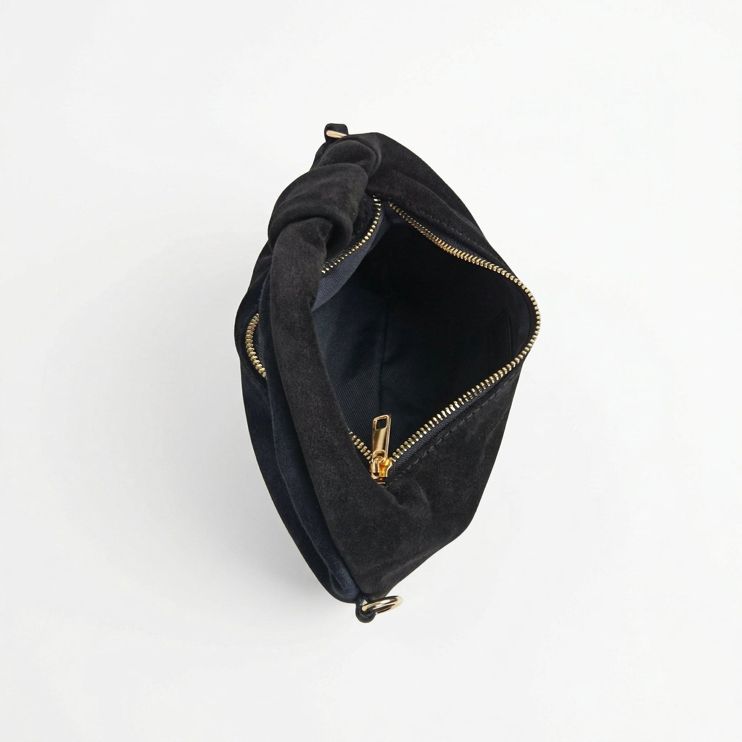 Borsa hobo tracolla nera in vitello scamosciata con cerniera e dettagli oro per borsa da donna online elegante