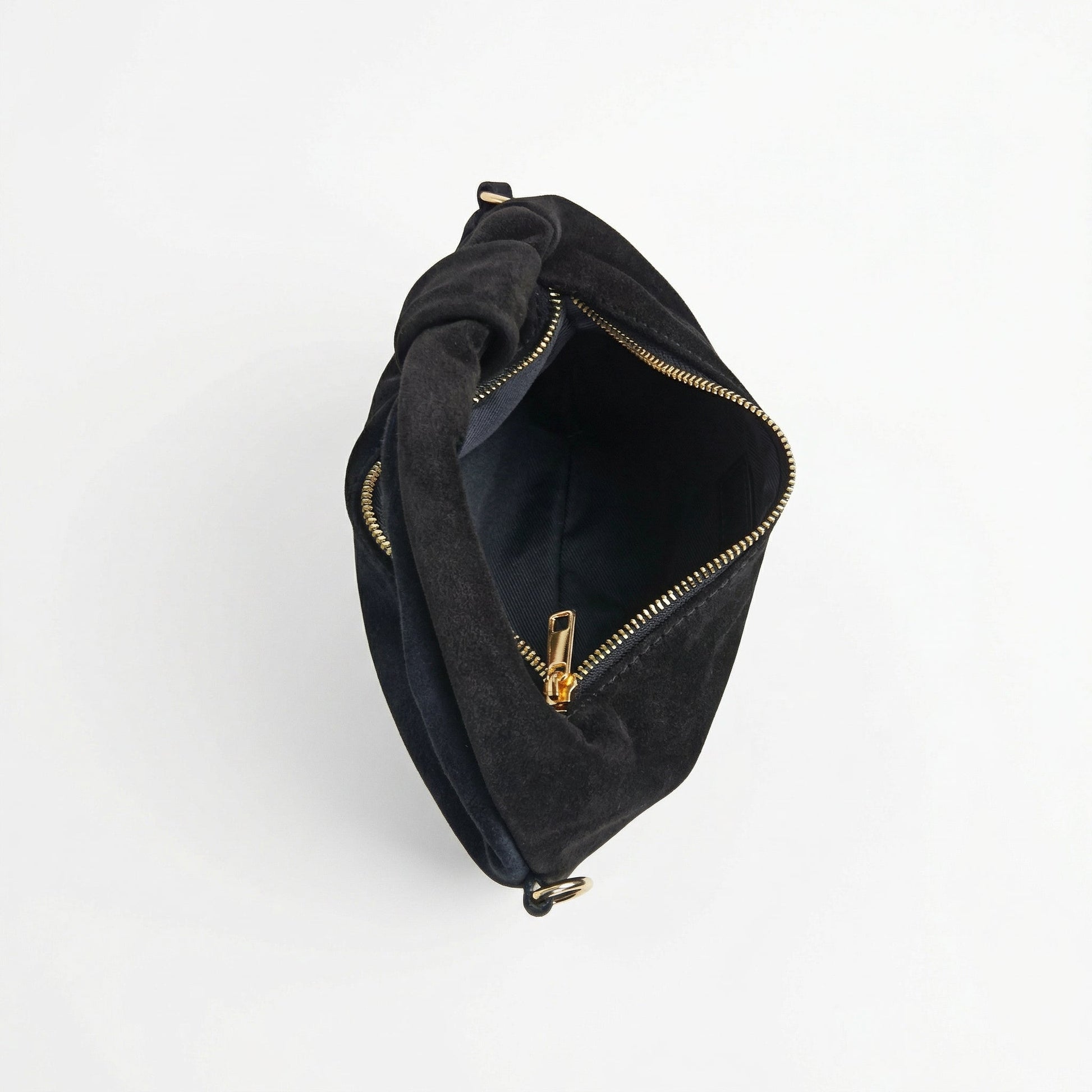 Borsa hobo tracolla nera in vitello scamosciata con cerniera e dettagli oro per borsa da donna online elegante