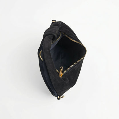 Borsa hobo tracolla nera in vitello scamosciata con cerniera e dettagli oro per borsa da donna online elegante