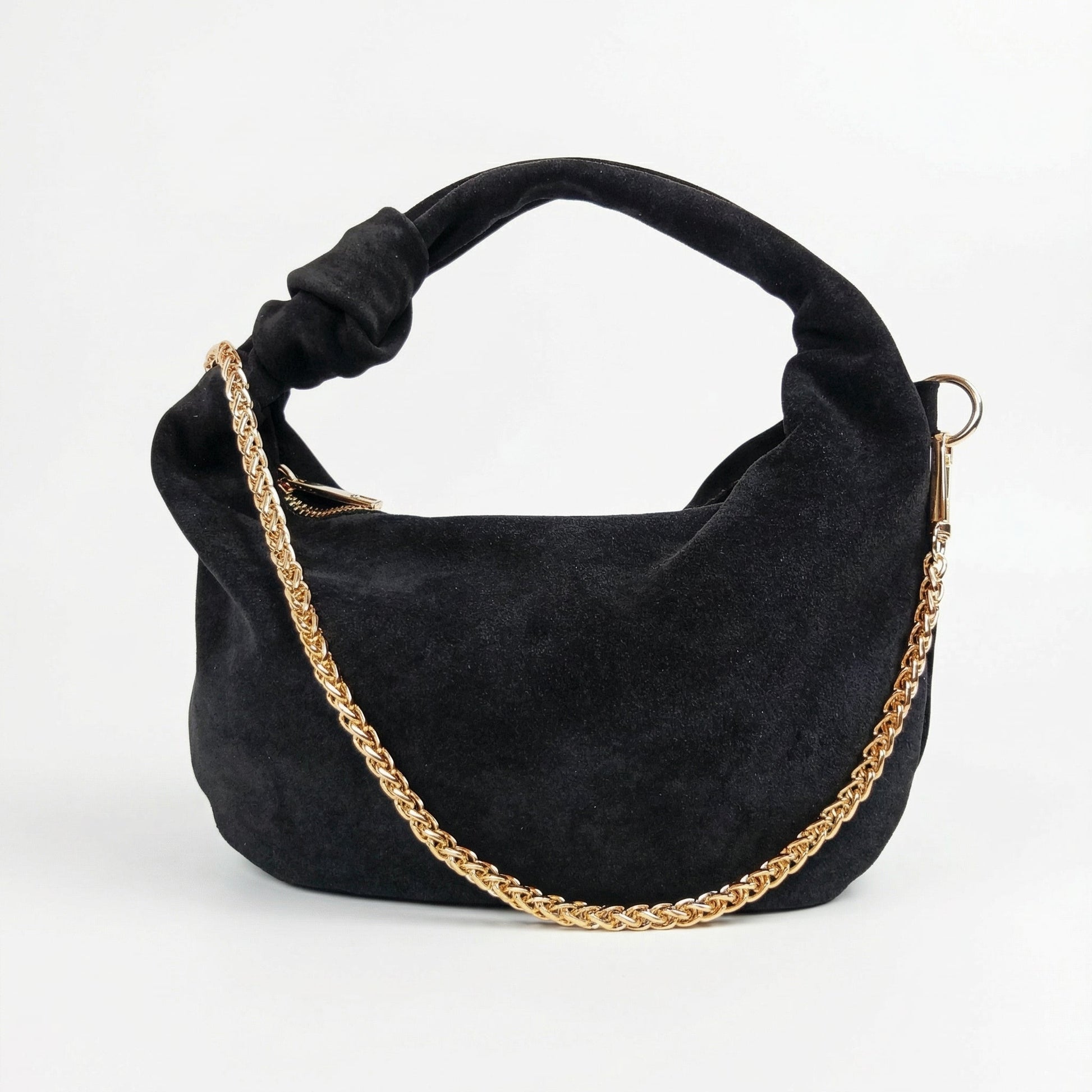Borsa hobo in vitello scamosciata nero con manico intrecciato e tracolla catena dorata perfetta come borsa da donna online