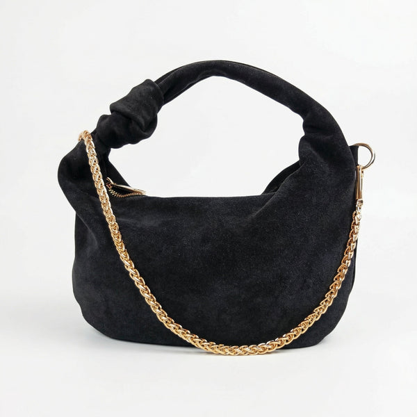 Borsa hobo in vitello scamosciata nero con manico intrecciato e tracolla catena dorata perfetta come borsa da donna online