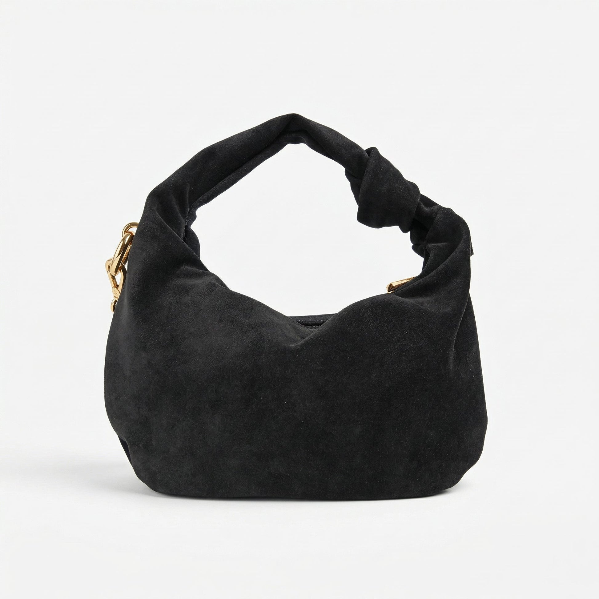 Borsa hobo nera in vitello scamosciata con manico annodato e catena oro e borsa da donna online elegante