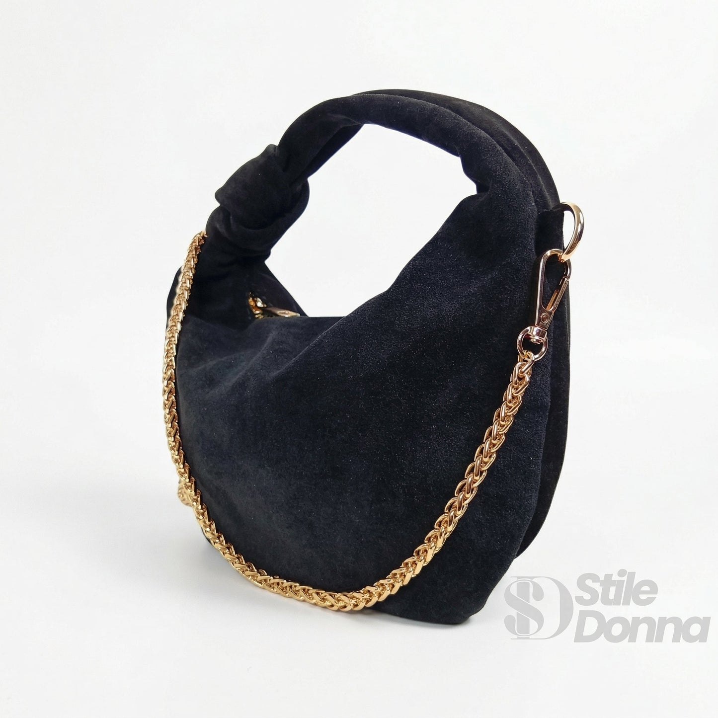 Borsa hobo in vitello scamosciata nero con manico intrecciato e tracolla a catena dorata per donna online