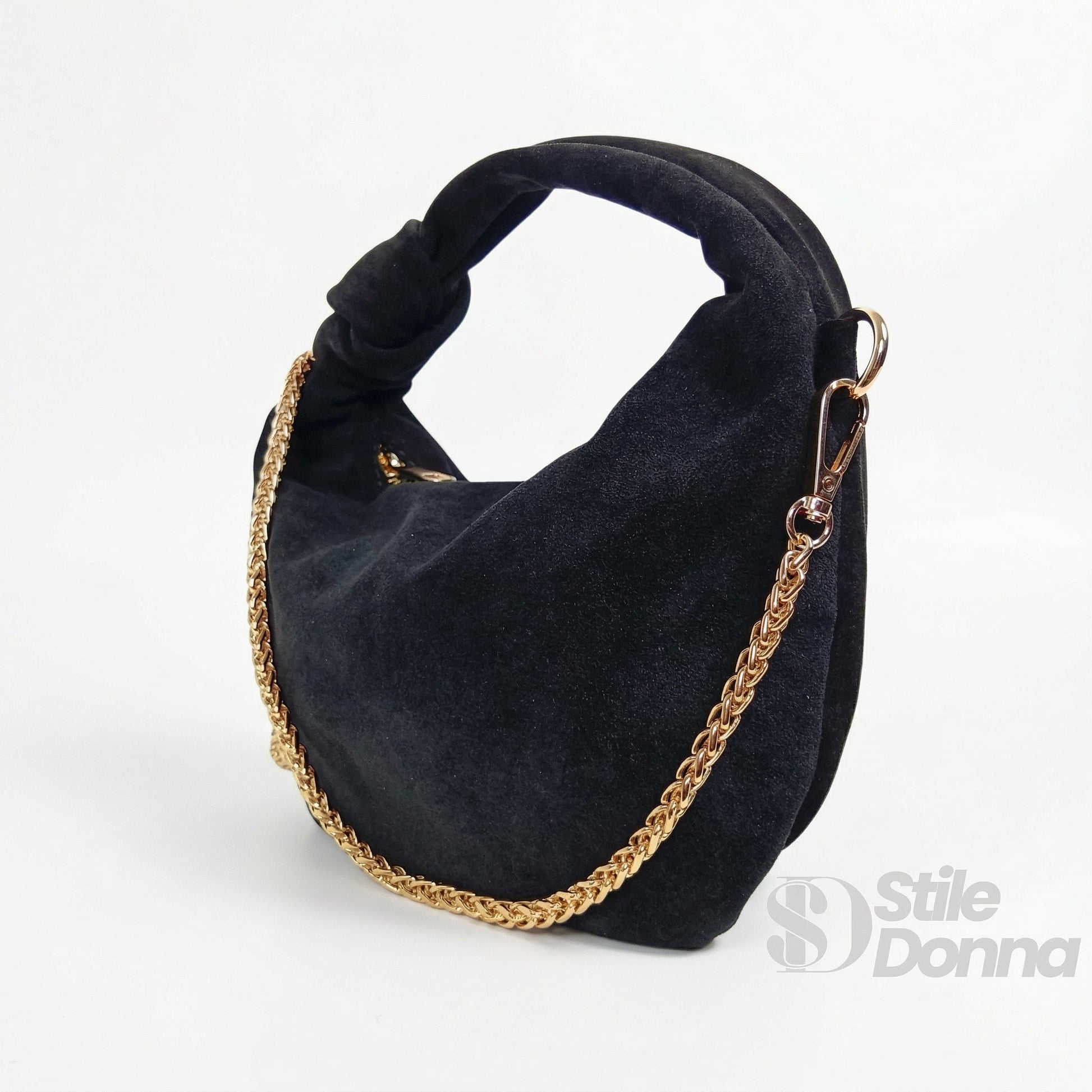 Borsa hobo in vitello scamosciata nero con manico intrecciato e tracolla a catena dorata per donna online