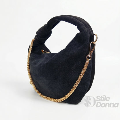 Borsa hobo in vitello scamosciata nero con manico intrecciato e tracolla a catena dorata per donna online