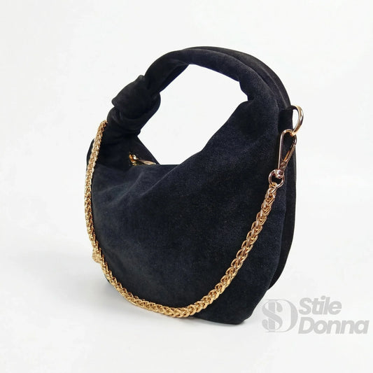 Borsa hobo in vitello scamosciata nero con manico intrecciato e tracolla a catena dorata per donna online