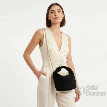 Borsa hobo a spalla in suede Made Italy - borsa velluto nero