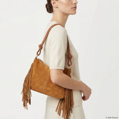 Borsa a tracolla in morbida pelle scamosciata tan con frange boho e tracolle in pelle annodate