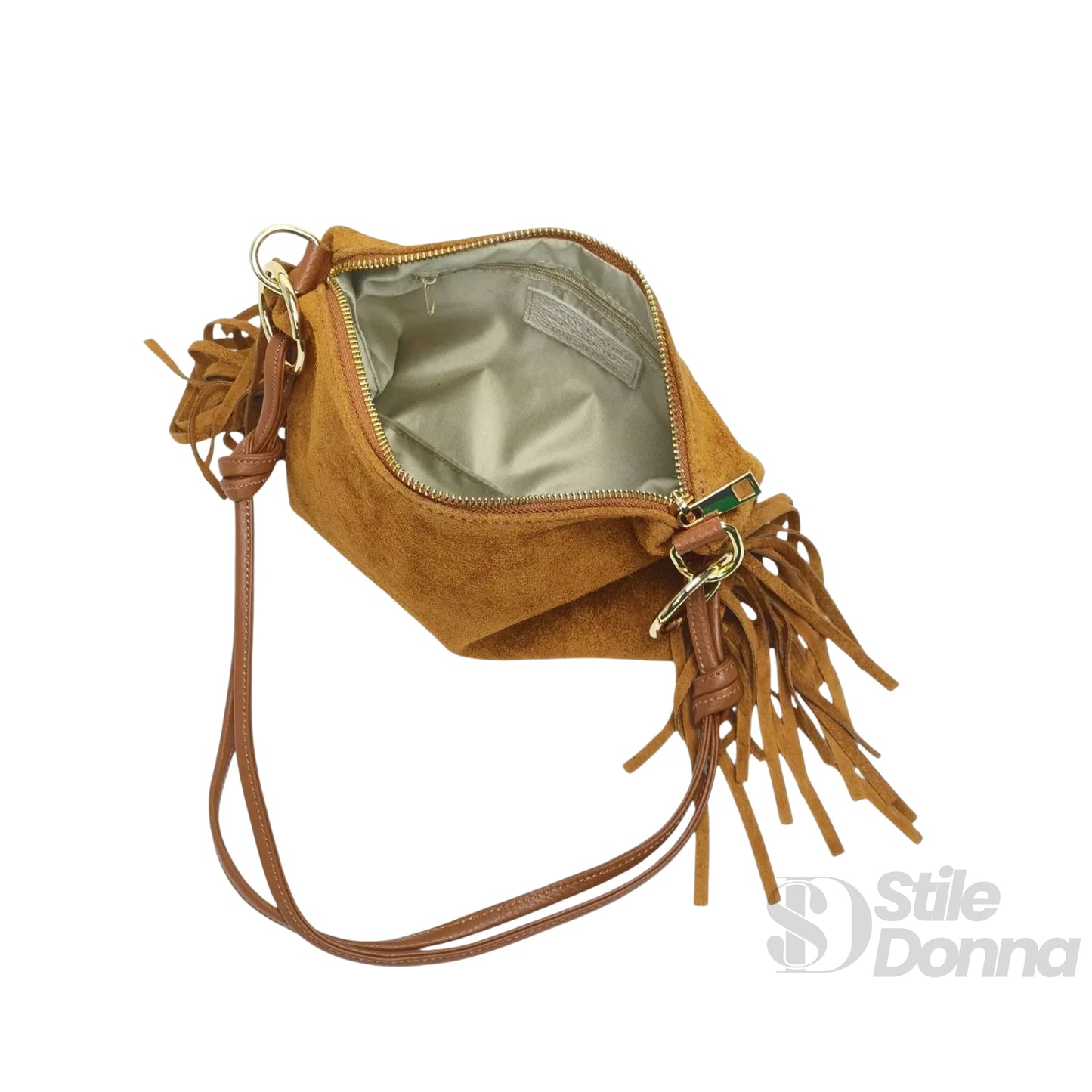 Borsa a tracolla in camoscio con frange boho - borsa