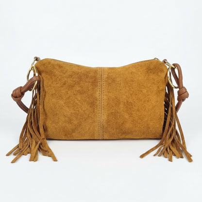 Borsa a tracolla in morbida pelle scamosciata tan con frange boho e tracolle intrecciate in pelle
