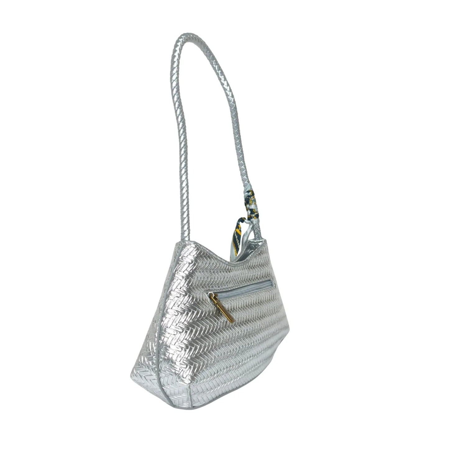 Borsa a Tracolla Intrecciata Argentata con Sciarpa Decorativa - borsa intrecciata argento
