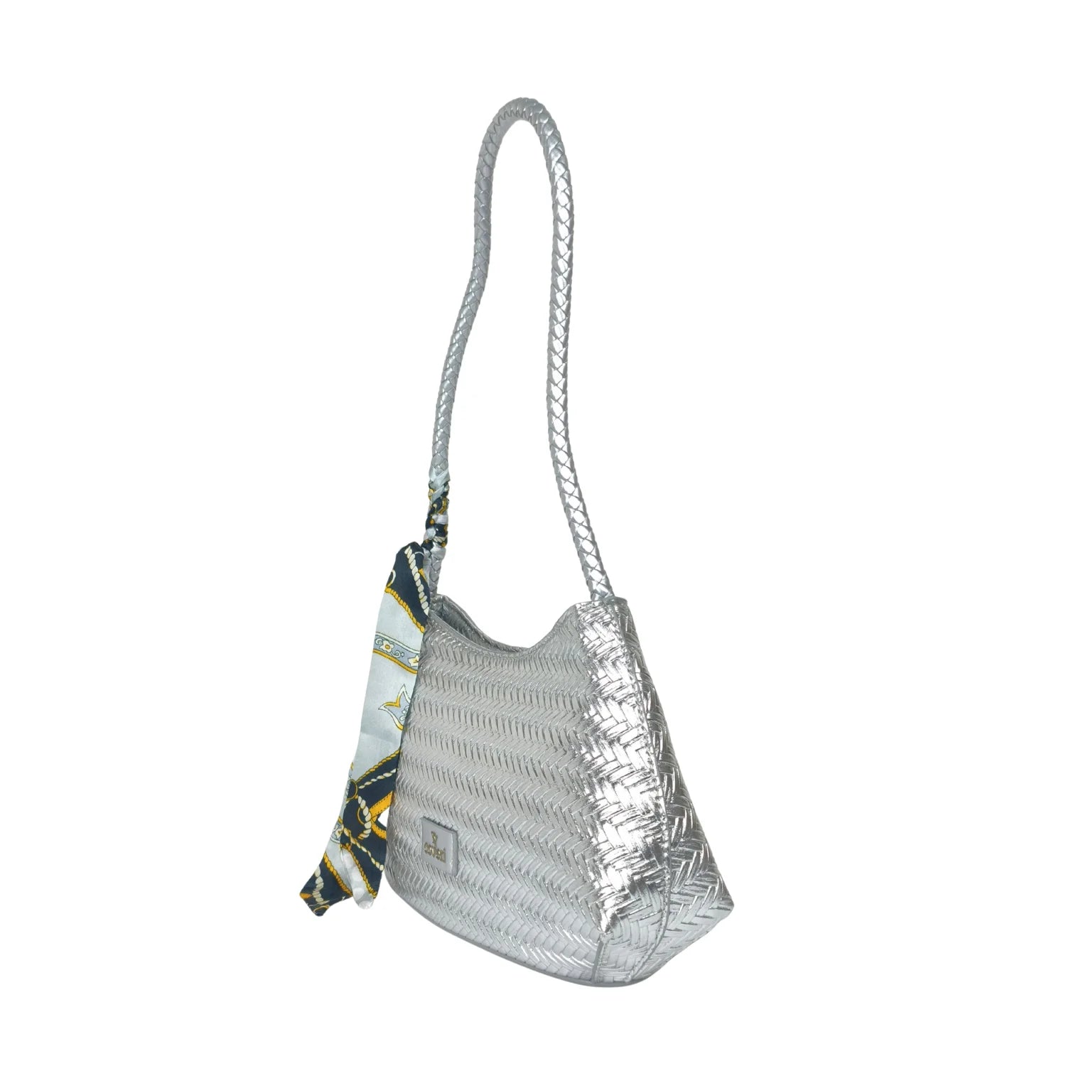 Borsa a Tracolla Intrecciata Argentata con Sciarpa Decorativa - borsa intrecciata argento
