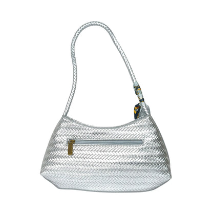 Borsa a Tracolla Intrecciata Argentata con Sciarpa Decorativa - borsa intrecciata argento
