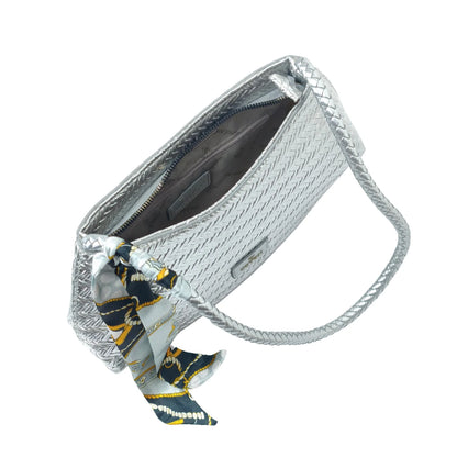 Borsa a Tracolla Intrecciata Argentata con Sciarpa Decorativa - borsa intrecciata argento