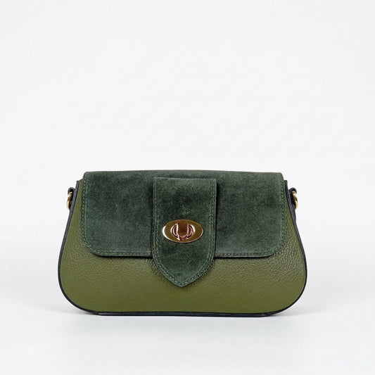 Borsa bella nova crossbody in vera pelle verde oliva con chiusura circolare dorata in camoscio e pelle martellata