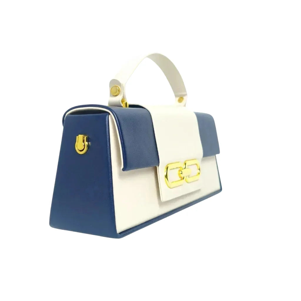 Borsa Bicolore Blu e Crema con Chiusura Dorata - borsa donna blu