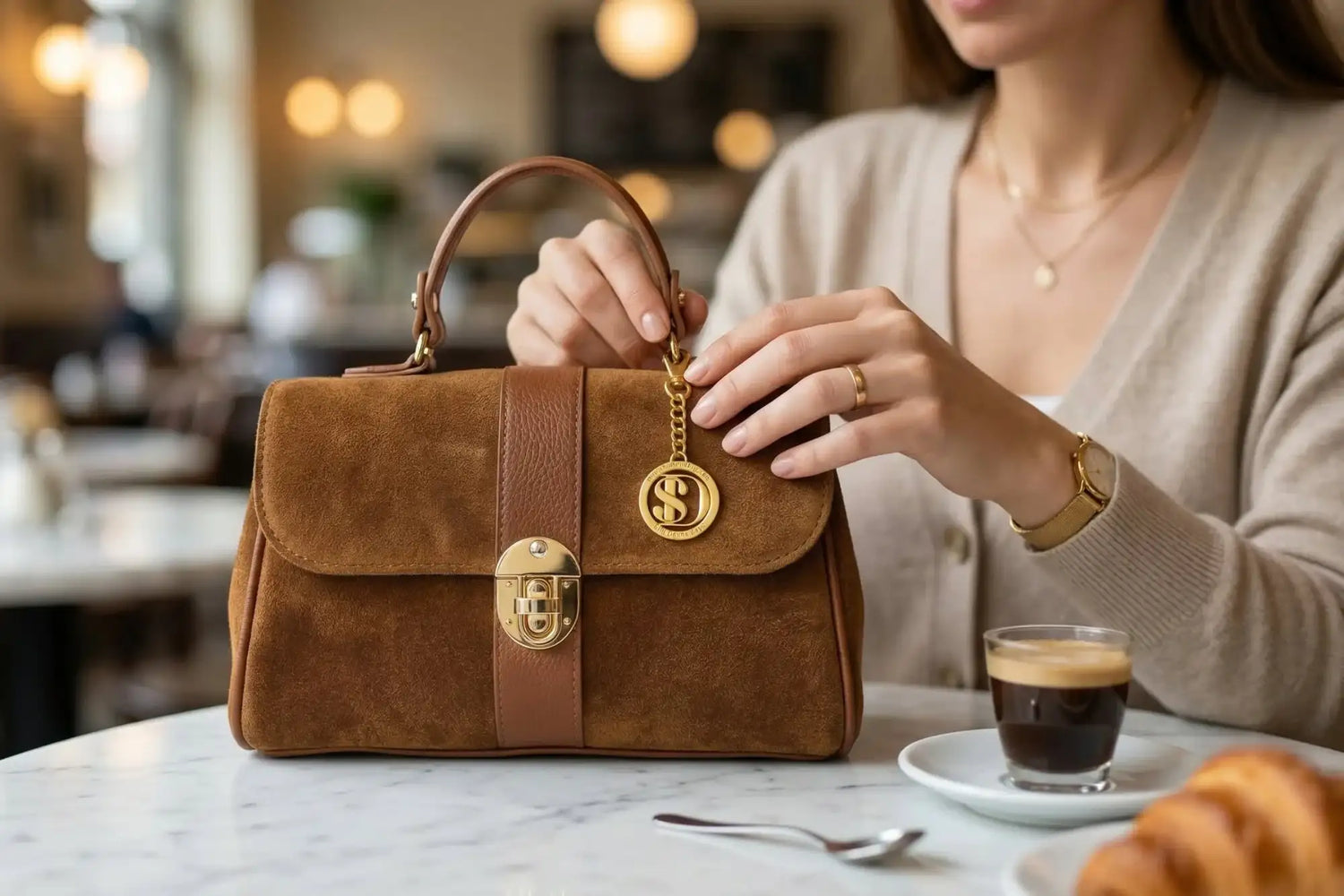 Borsa in camoscio marrone con tracolla in pelle conciata al vegetale color tabacco a contrasto e hardware placcato oro, con chiusura circolare prominente incisa con il logo 's'.