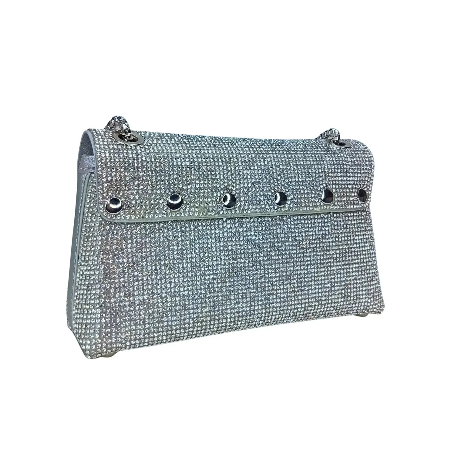 Borsa Clutch con Patta e Strass Dorati - borsa clutch argento