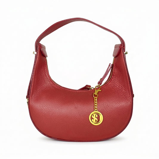 Borsa hobo donna elite in vera pelle rossa con catena oro e charm logo circolare stile donna bags