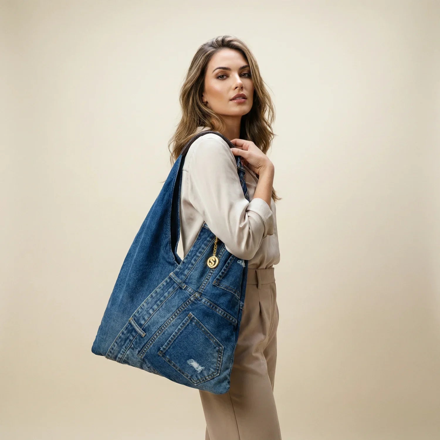 Borsa hobo tote in denim con stampa grafica - borsa