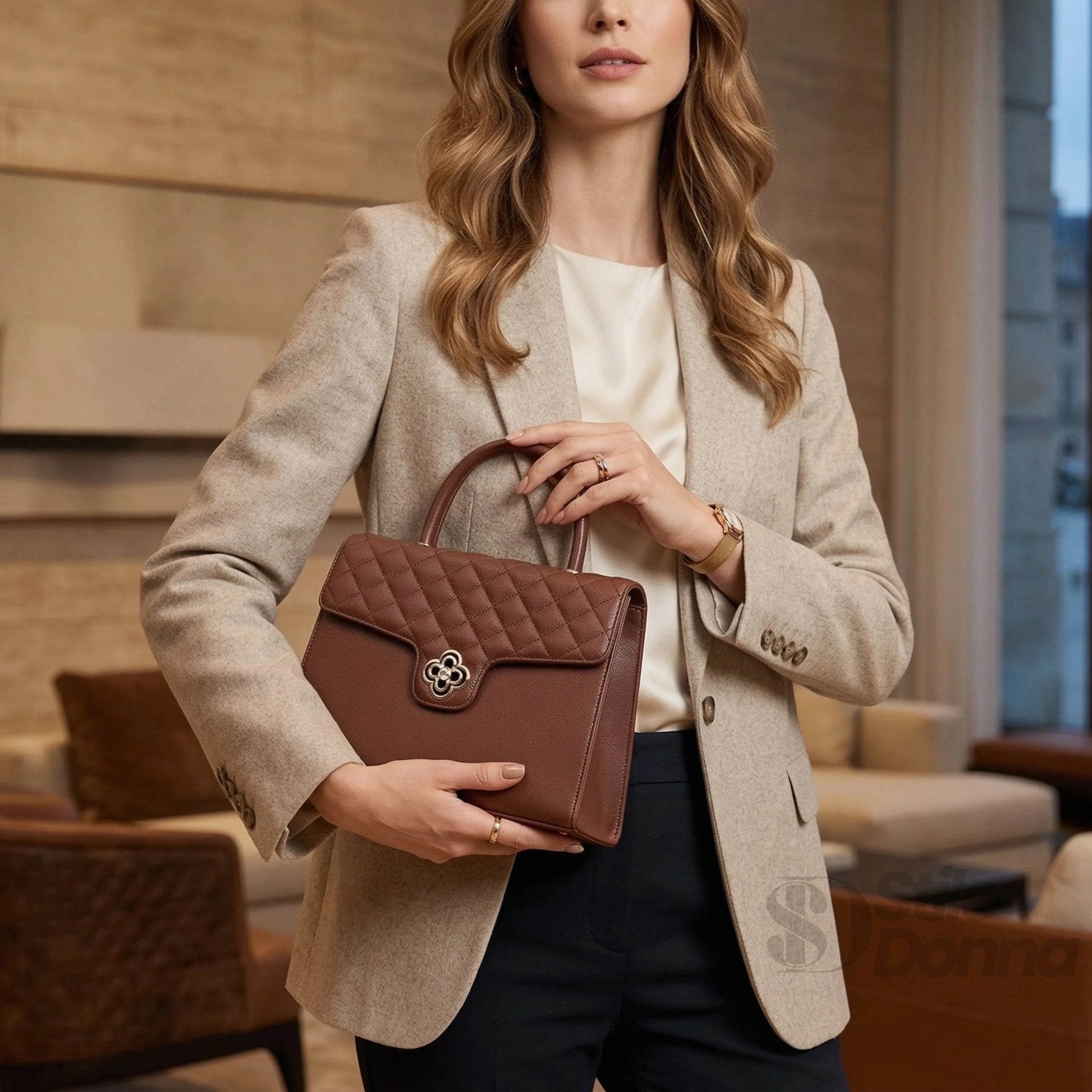 Borsa in Pelle Premium PU con Chiusura a Quadrifoglio - borsa pelle trapuntata