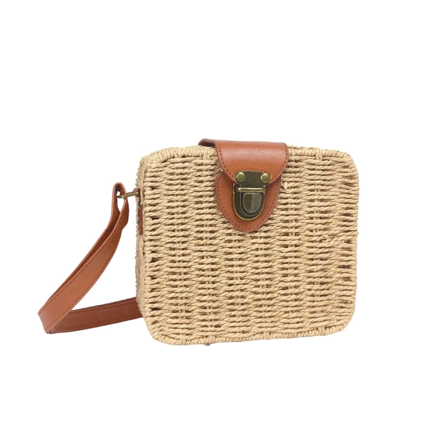 Borsa Intrecciata a Scatola in Paglia e Pelle - borsa tracolla paglia