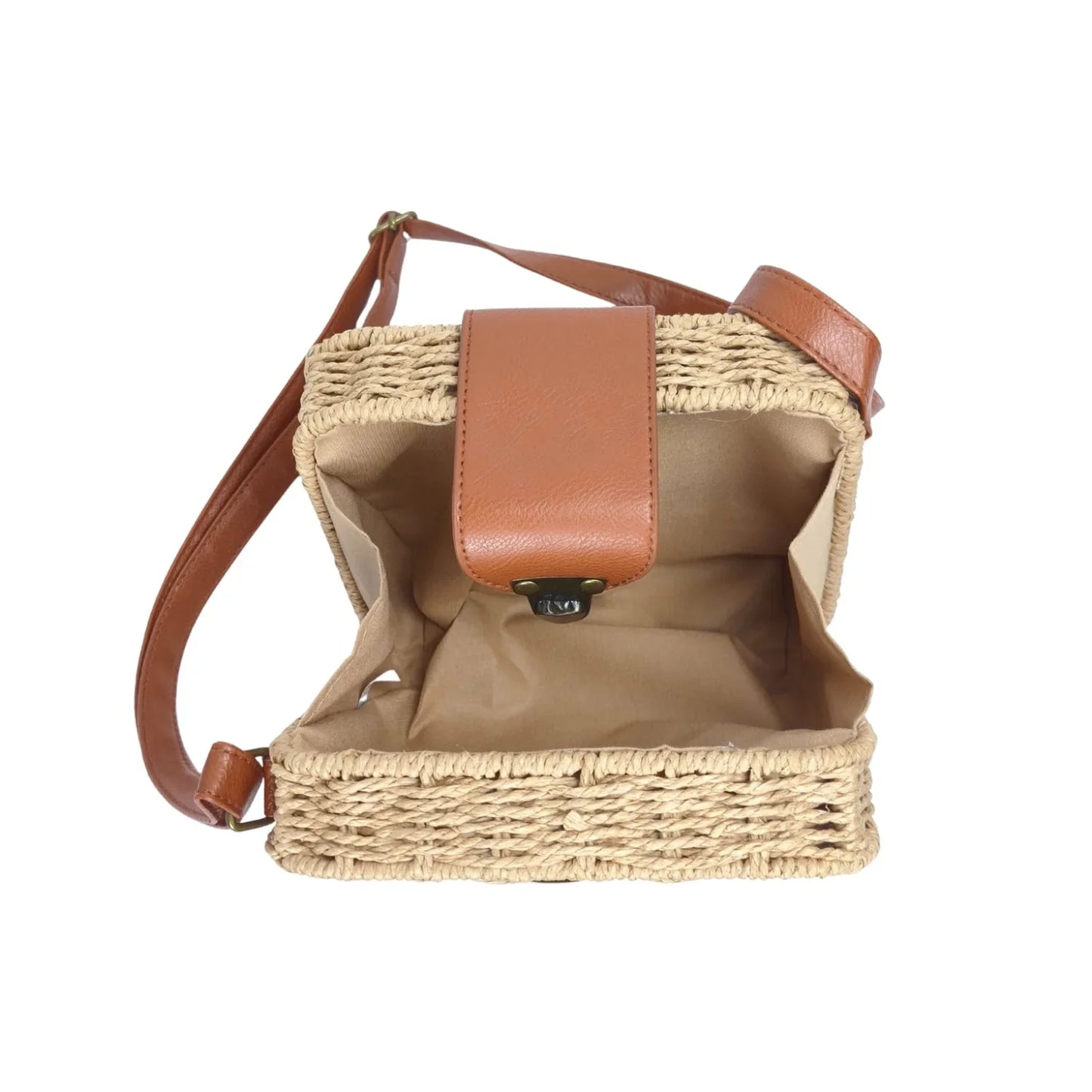 Borsa Intrecciata a Scatola in Paglia e Pelle - borsa tracolla intrecciata