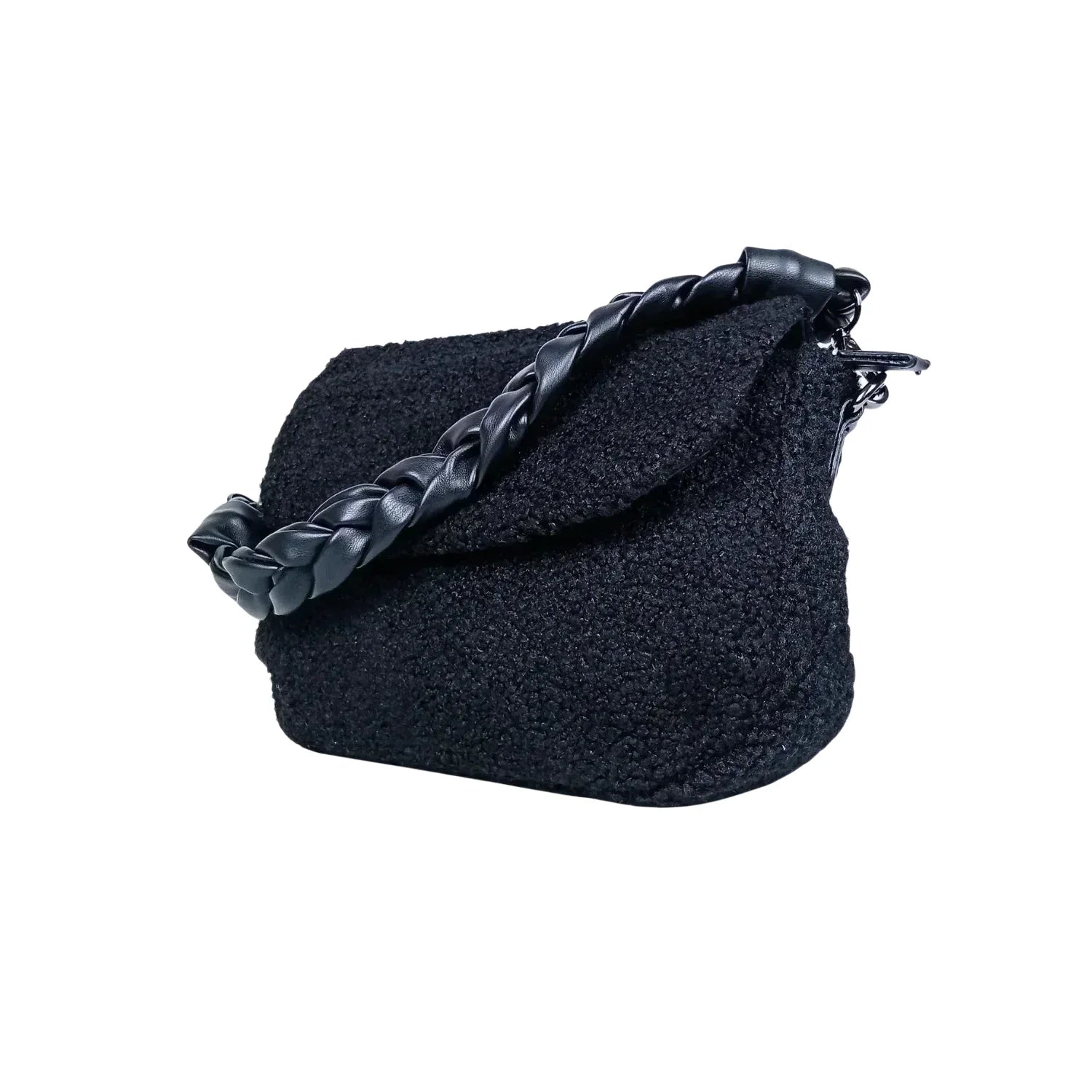 Borsa Nera con Manico in Pelle Intrecciata - borsa spalla nera