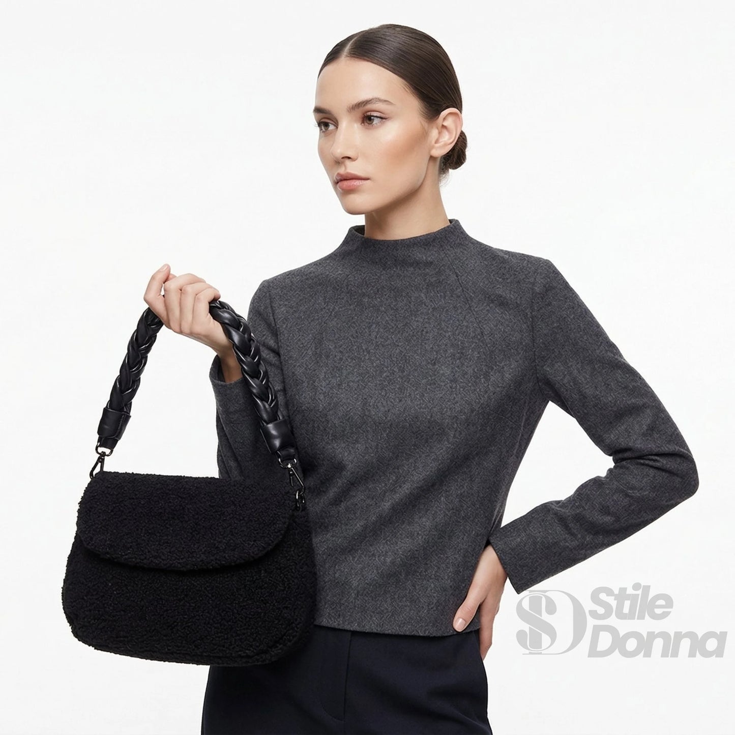 Borsa Nera con Manico in Pelle Intrecciata - borsa tracolla nera