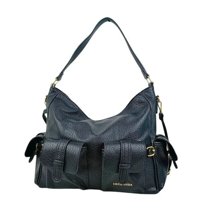 Borsa Shopper in Pelle Nera con Tasche Multiple - borsa hobo pelle