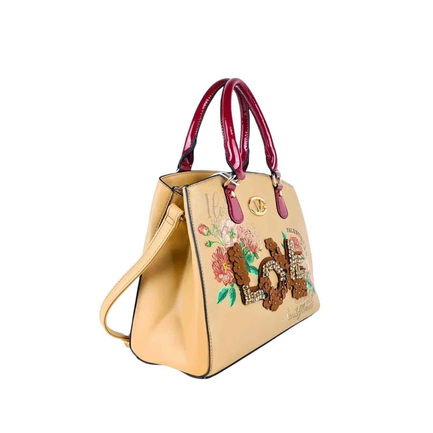Borsa Tote da Donna con Ricamo Floreale e Scritta Love in Paillettes - borsa beige manici