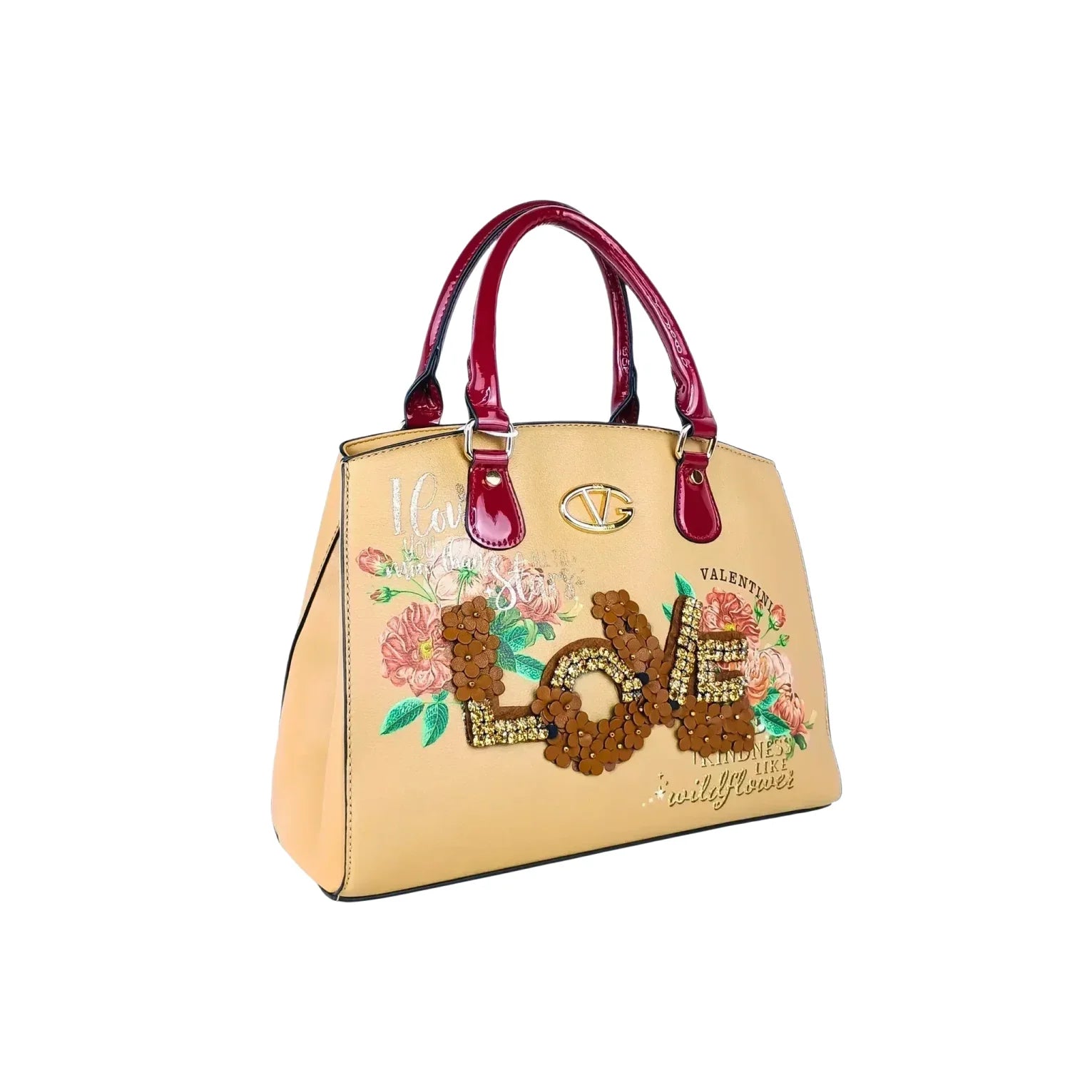 Borsa Tote da Donna con Ricamo Floreale e Scritta Love in Paillettes - borsa beige manici