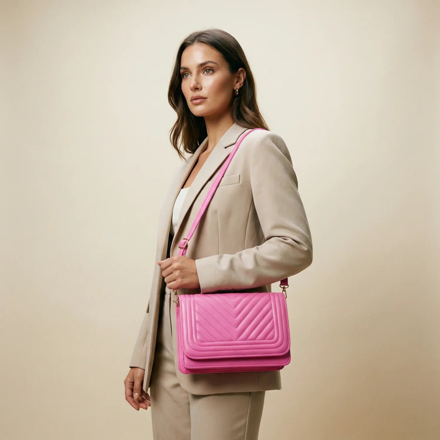 Borsa trapuntata rosa da donna con design a triangoli - borsa tracolla