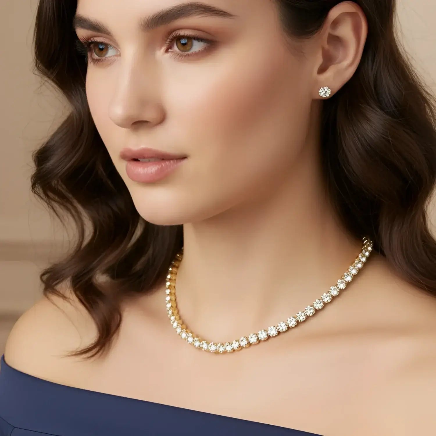 Classic Gold Tennis Necklace & Stud Earrings Set - delicate gold-toned tennis