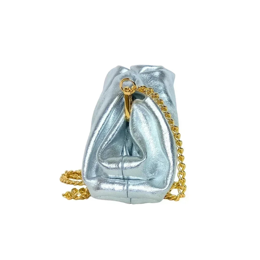 Clutch metallizzata argento in vera pelle - borsetta secchiello mini